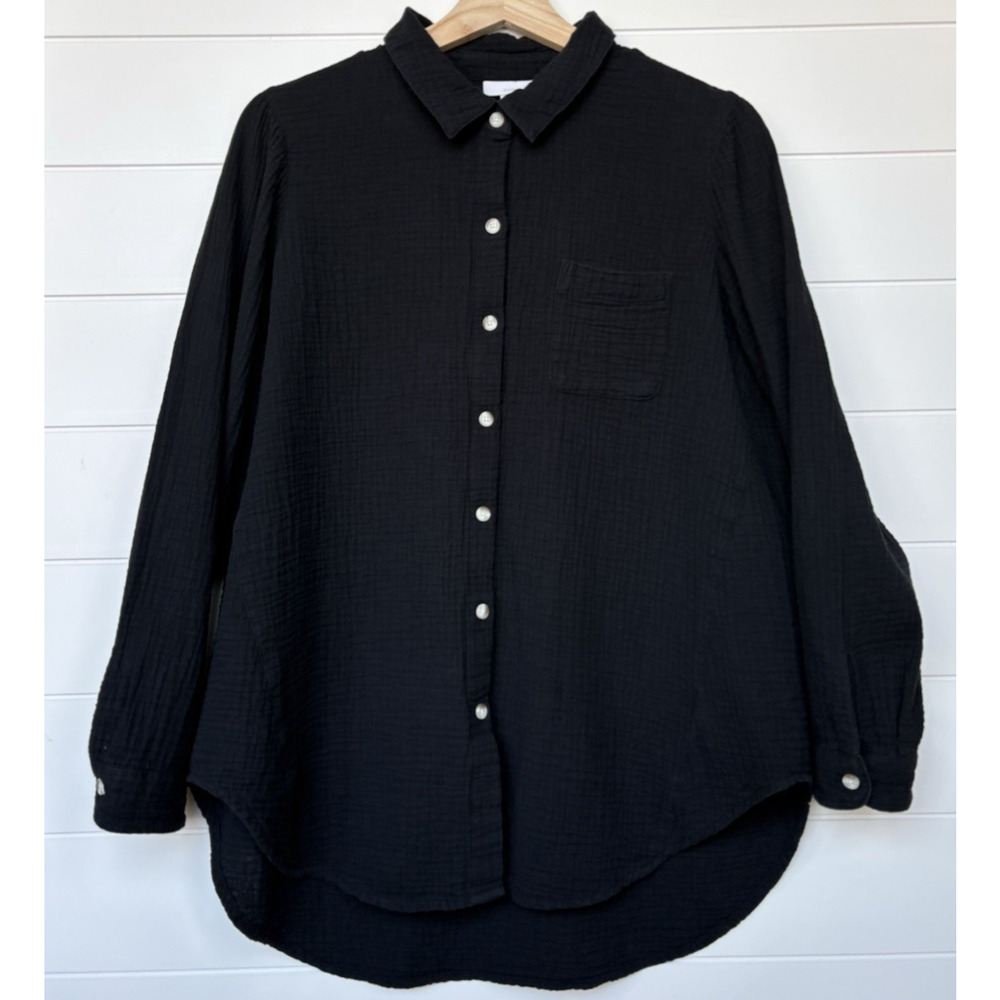 J Jill 100% Cotton Gauze Button Front Tunic Shirt Long Sleeves Black M Petite - Picture 2 of 13